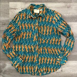 Maeve Anthropologie  Button Up Shirt Cat Leopard Print Blouse Green Orange Sz 2
